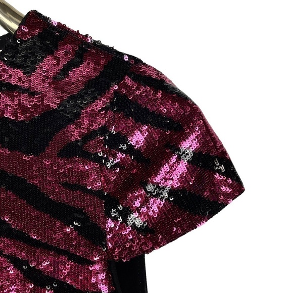 ALICE + OLIVIA NAT ZEBRA TIGER BLACK PINK SEQUINED STRETCH SHEATH MINI DRESS - Picture 16 of 17